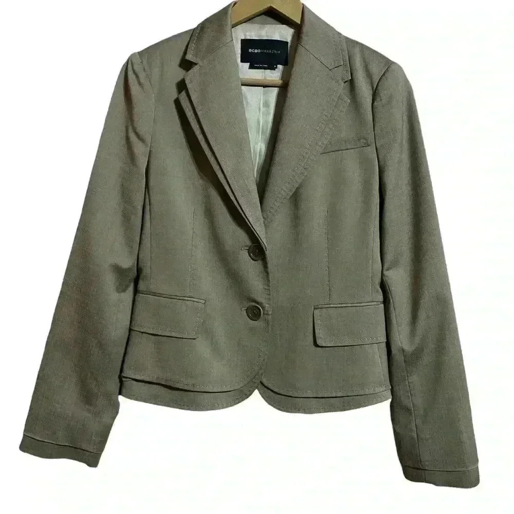 BCBGMAXAZRIA S Taupe Wool Blend Double Lapel Lined Two Button Blazer Preloved